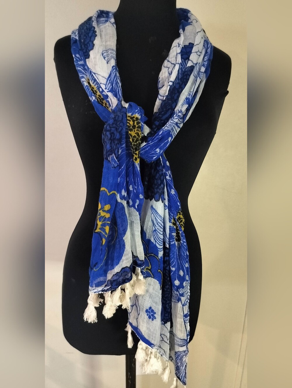 Talbots Blue and White Floral Tassel Scarf with Gold Accents